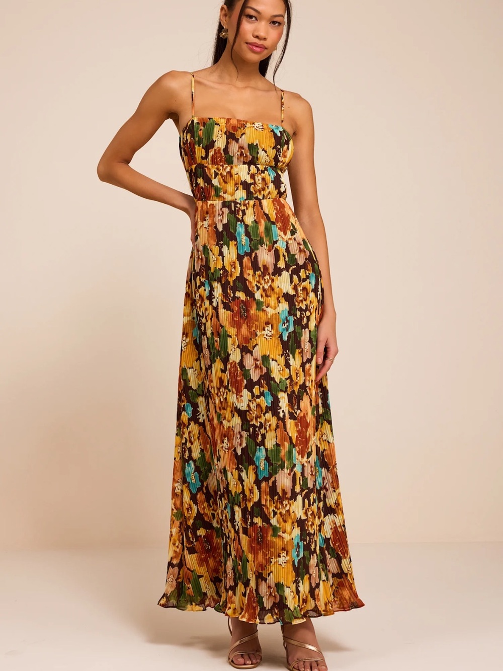 Lulus Holloway Brown Multi Floral Pleated Maxi Dress